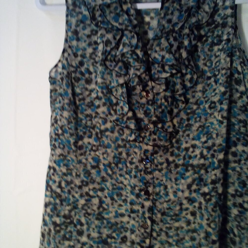 Tahari Blouse Women PS Petite S Sleeveless Sheer Ruffle Button Up Print - Picture 5 of 13